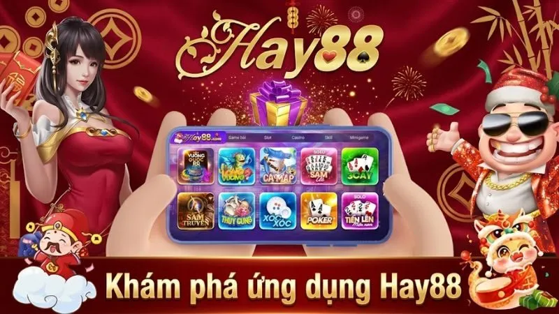Điện thoại thông minh hiển thị ứng dụng HAY88 trên màn hình với biểu tượng tải xuống